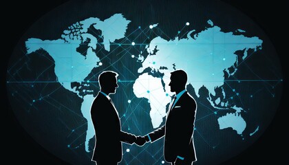 Two businessman investor handshake with effect global world map network link connection. Generative ai