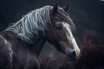 Horse portrait with long mane and long mane in the mountains.generative ai