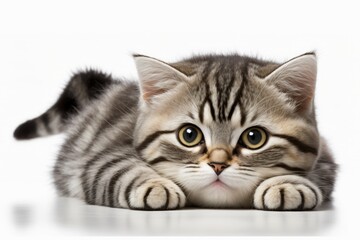 Fototapeta na wymiar A picture of a cute cat Scottish Straight lying alone on a white background. Generative AI