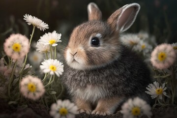 Fototapeta premium A picture of a cute little bunny with flowers. Generative AI