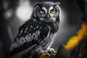 A picture of a black and white owl with big yellow eyes. Generative AI