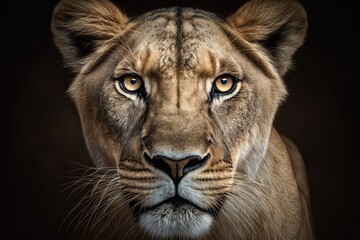 A headshot of a lioness looking straight at the camera. Generative AI - obrazy, fototapety, plakaty