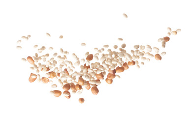 Mix white peanut beans fall down explosion, several kind bean float explode, abstract cloud fly. Dried white peanut mixed beans splash throwing in Air. White background Isolated high speed shutter