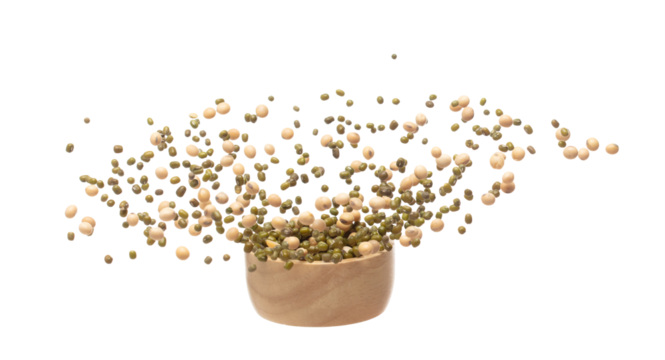 Mix green mung soy beans fall down explosion, several kind bean float explode in wooden bowl. Dried soybean green mung mixed beans splash throwing in Air. White background Isolated high speed shutter