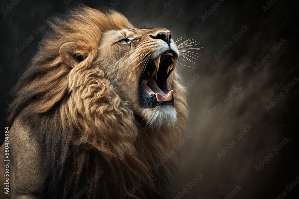 Poster A Lion roars in a direct frontal shot. Generative AI