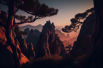 Naklejka premium Beautiful landscape with pine trees in the mountains at sunset.generative ai