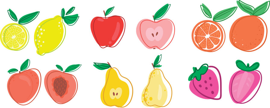 A set from the collection of juicy fruits drawn by hand. Vector flat illustration of lemon, orange, peach, pear, apple,strawberry. Isolated on a white background.