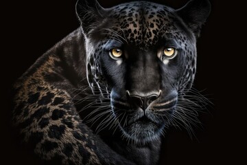 A picture of a black jaguar in front of a black background. Generative AI