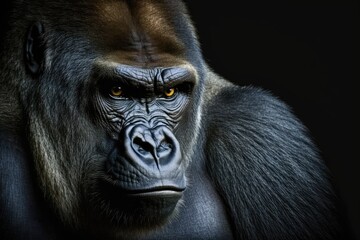 Obraz premium A lovely picture of a gorilla. Male gorilla with a black background and a serious silverback look. Generative AI