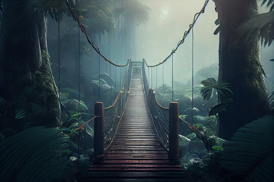 Fototapeta Wooden bridge in the jungle with fog.generative ai