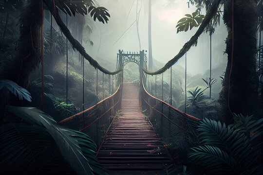 Fototapeta Wooden bridge in the jungle with fog.generative ai