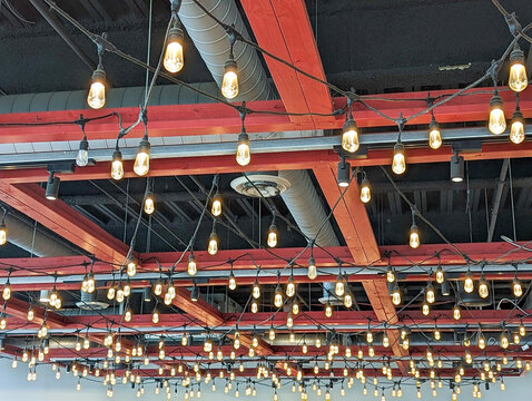 ceiling trelis with lights at the restaurant