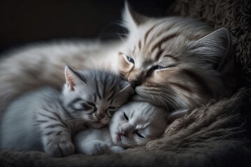Fototapeta na wymiar A mother cat cuddling a baby cat. Generative AI