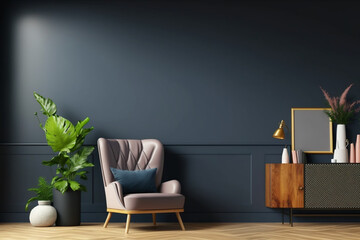 Mock up living room interior with armchair on empty dark blue wall wall background, Generative AI	