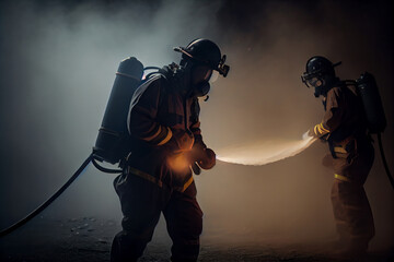 Firefighters fighting a fire in a dark room with smoke and flames.generative ai