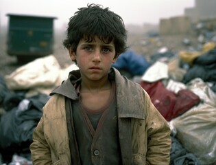 Fototapeta premium Serious Child posing in a third world country public dump looking at the camera. Generative AI