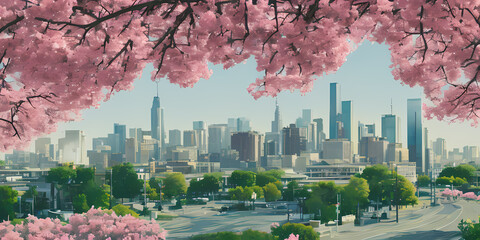 pear blossoms in spring, with the cityscape as background
