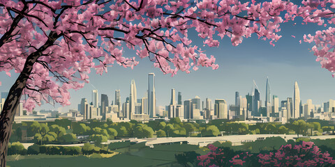 cherry blossoms in spring, with the cityscape as background