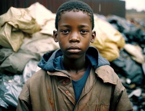  Serious Black Child posing in a third world country public dump looking at the camera