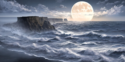 full moon over storm, dark ocean shore
