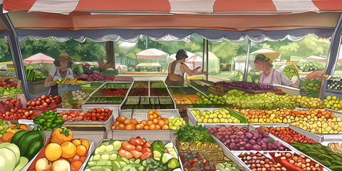fresh, organic, fruits and vegetables market, illustration style