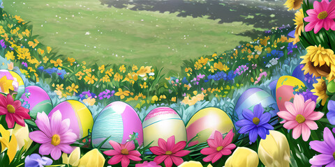 colorful easter eggs and flowers, illustration style background