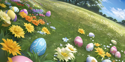 easter eggs in a field of grass with colorful flowers as decoration, illustration style