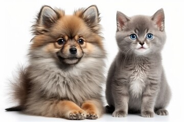 Obraz premium A gray kitten and a dog with a big smile on a white background. Beautiful fluffy cat and pomeranian spitz puppy. Generative AI