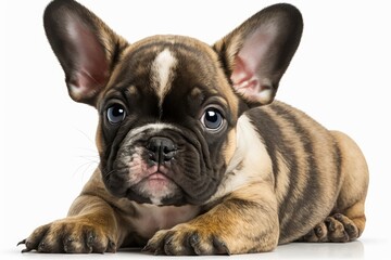 A French Bulldog puppy sits in front of you and looks around. Against a white background. Generative AI