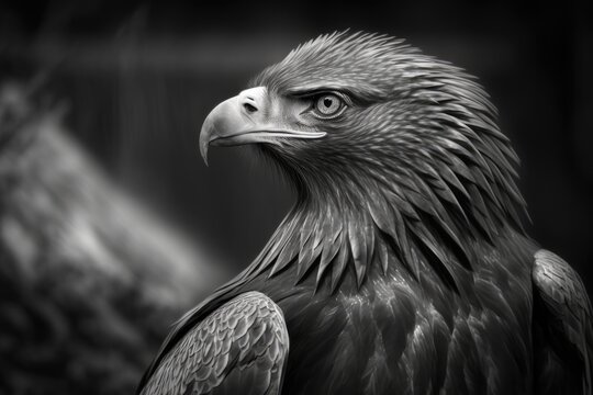 A golden eagle in a zoo is shown in a black and white picture. Generative AI