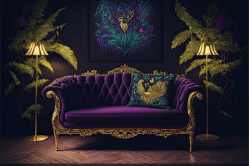 modern purple and green maximalist living room with sofa and painting,  - obrazy, fototapety, plakaty
