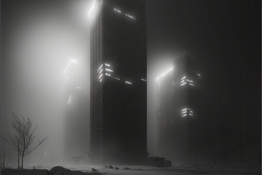 Tall buildings skyscrapers exterior with fog, 