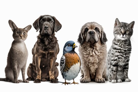 A group of pets is in front of you. stand out against a white background. Generative AI