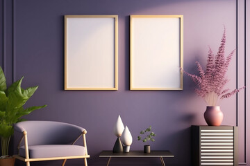 Mockup two frame in living room interior with purple empty wall, Generative AI	