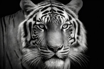 A close up picture of a white Bengal tiger's face in black and white. The most dangerous animal shows how great he is by being calm. A fierce big cat has a wild beauty. Generative AI