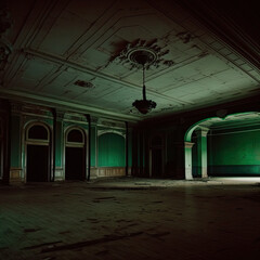 an empty abandoned rococo baroque ballroom,  
