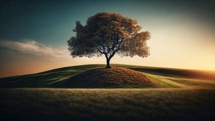 Fototapeta na wymiar 草原に立つ一本の木　背景　generative AI