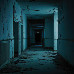 Obraz premium Empty abandoned hallway tunnel passage with debris, 