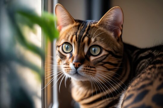 A close up picture of a cute Bengal cat looking at the camera. Cat inside the house, sitting by the window on a cat shelf in a cat's house. Pets idea, pet friendly and pet care idea. Generative AI