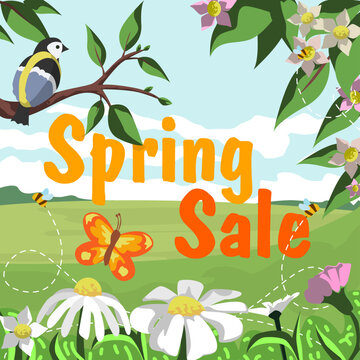 Special offer. Beautiful illustration of nature and text Spring Sale. Illustration