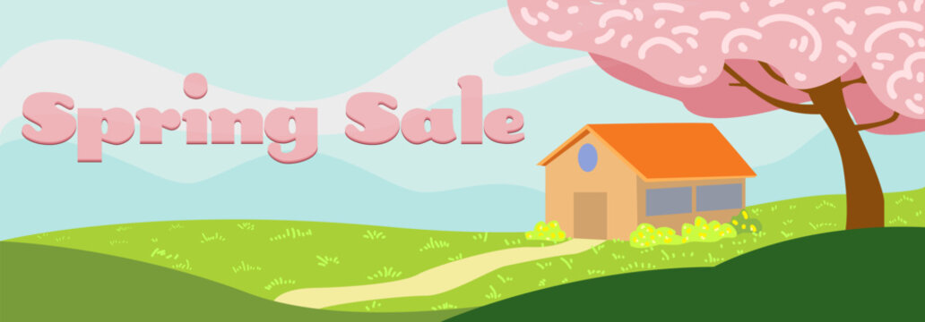 Special offer. Landscape with house and blooming cherry tree and text Spring Sale. Illustration