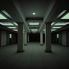 Darkened empty abandoned office hallway, 