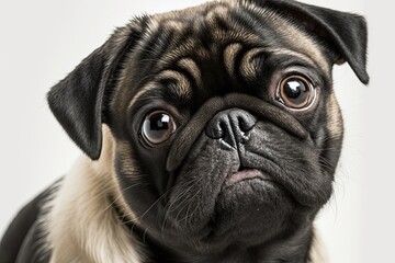 A close up of a Pug in front of a white background. Generative AI