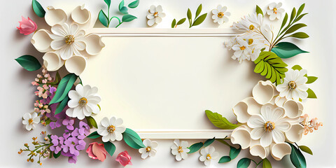 Spring summer floral border frame banner with open space for weddings, Mother's Day, Generative AI