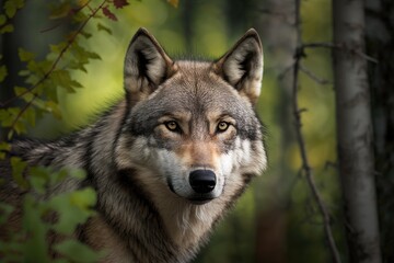 Fototapeta premium A close up picture of a grey wolf (Canis Lupus), also called a timber wolf, in the Canadian forest in the summer. Generative AI