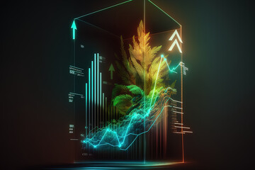 CGreen economy chart on dark colorful neon background. AI