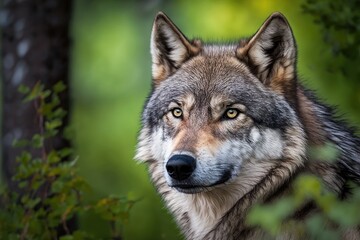 A close up picture of a grey wolf (Canis Lupus), also called a timber wolf, in the Canadian forest in the summer. Generative AI