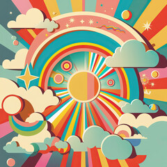 Retro 70s style groovy hippie spring summer poster with rainbow and. AI Generative