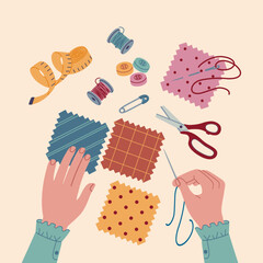 Hand doing sewing or patchwork process. Creative workshop for kids. Handmade classes. Hand drawn vector illustration isolated on light background. Flat cartoon style. - obrazy, fototapety, plakaty