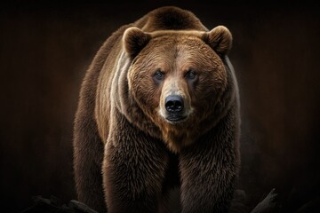 Obraz premium A front view of a brown bear, with the background black. A picture of the Kamchatka bear (Ursus arctos beringianus). Generative AI